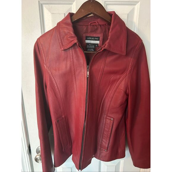Leslie Fay red leather jacket size small stylish form fitting - Picture 9 of 9